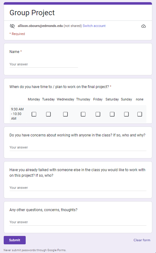 project survey for groups